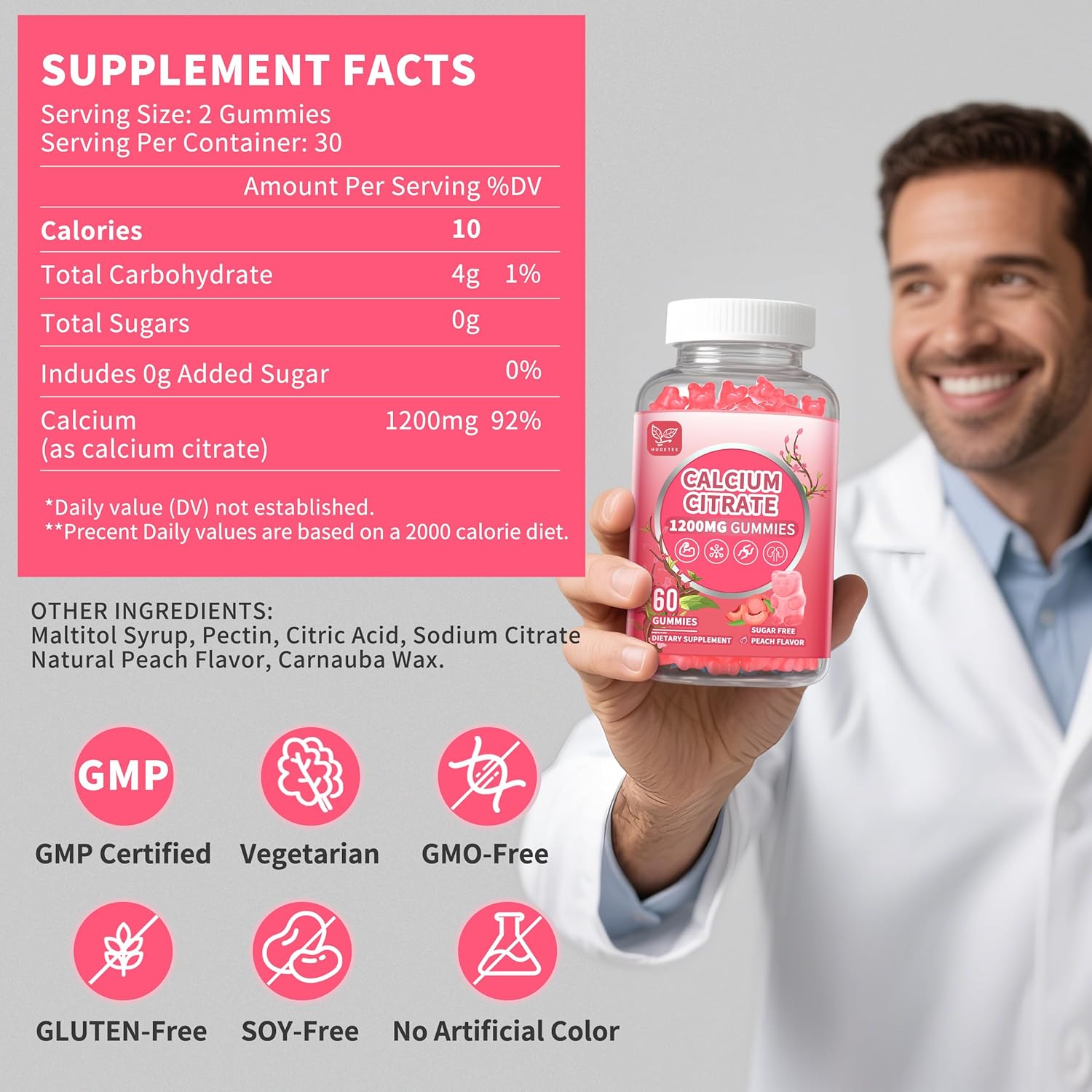 (3 Pack) Calcium Citrate 1200 mg Gummies for Women & Men,Calcium Supplements for Women,High Absorption for Bone Muscle Healthy - Easy to Digest, Sugar Free,Vegan,Peach Flavor,90 Day Supply - Image 6