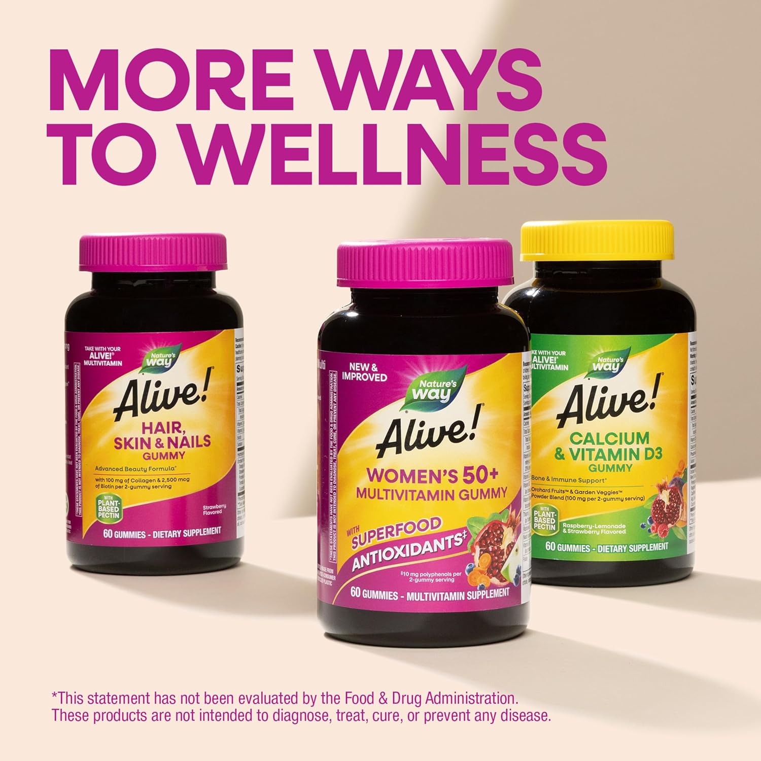 Nature's Way Alive! Women’s 50 Plus Multivitamin Gummy, Daily Chewable Multivitamins with B-Vitamins, Vitamin D3, Calcium, Supports Heart, Brain & Bone Health,* Mixed Berry Flavored, 60 Count - Image 7