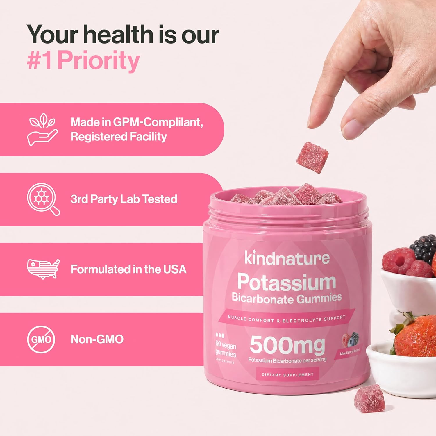 kindnature High Potassium Supplement Gummies 500mg - Chewable for Adults & Kids - Pure Potassium Bicarbonate Mineral Supplement - Vegan, Gluten Free, Non GMO - 60 Gummies (30 Day Supply) (2) - Image 5
