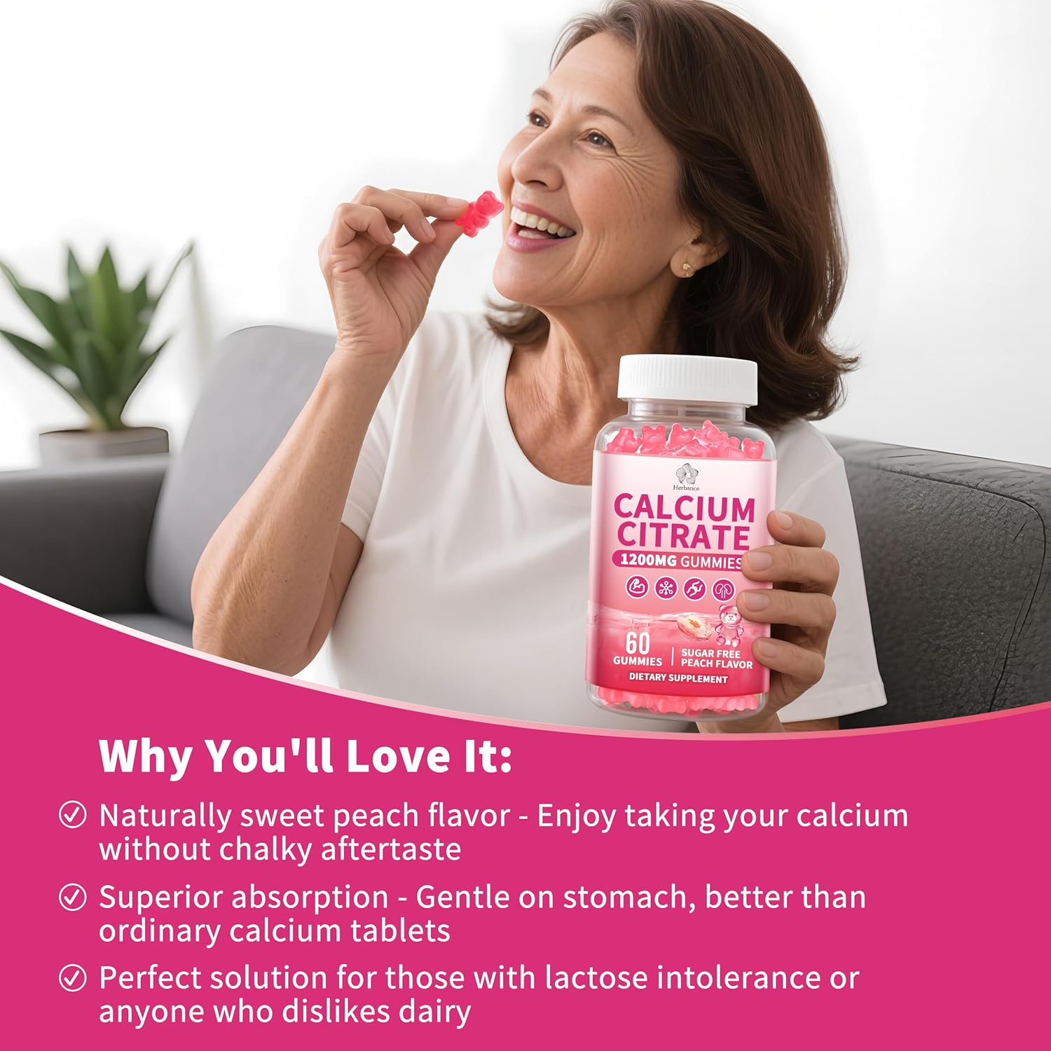 (3 Pack) Calcium Citrate Gummies 1200 mg for Adults, High Absorption Calcium Supplement for Women & Men, Sugar Free, Non-GMO, Gluten Free, Supports Muscle & Immune - Natural Peach Flavor - Image 2