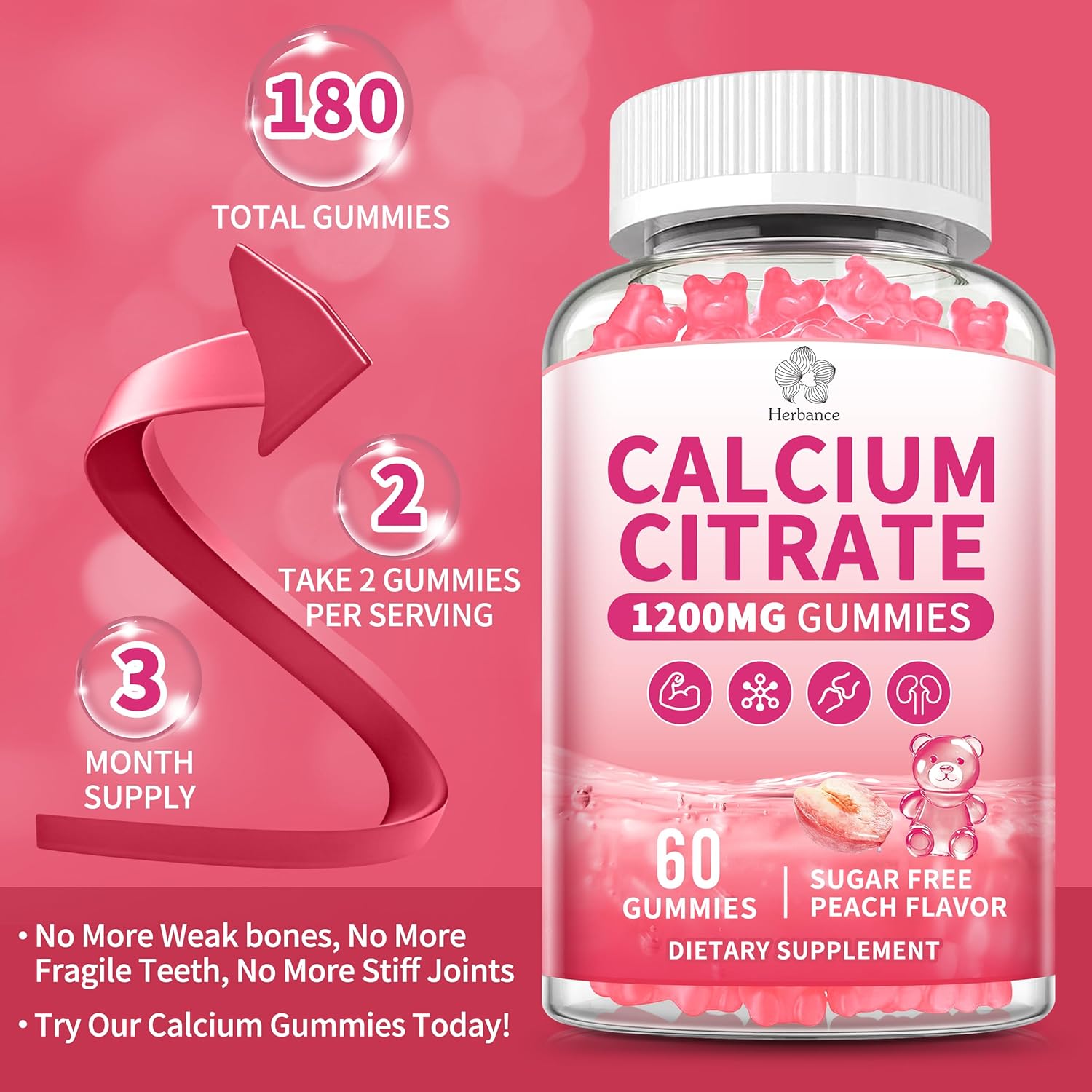 (3 Pack) Calcium Citrate Gummies 1200 mg for Adults, High Absorption Calcium Supplement for Women & Men, Sugar Free, Non-GMO, Gluten Free, Supports Muscle & Immune - Natural Peach Flavor - Image 7