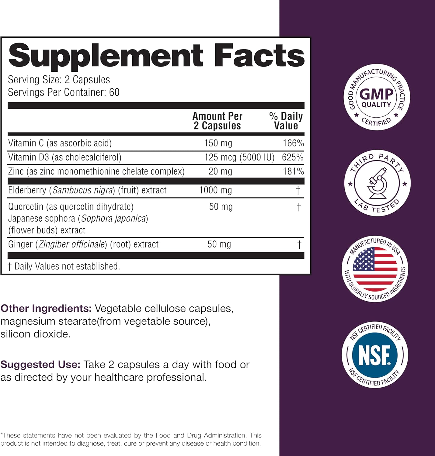 Elderberry Vitamin C and Zinc Capsules for Adults | 360 Count with Quercetin & Vitamin D3 | 6-in-1 Immune Support Supplement Pills | Sambucus Black Elderberry Natural Immunity Vitamins | Made in USA - Image 9