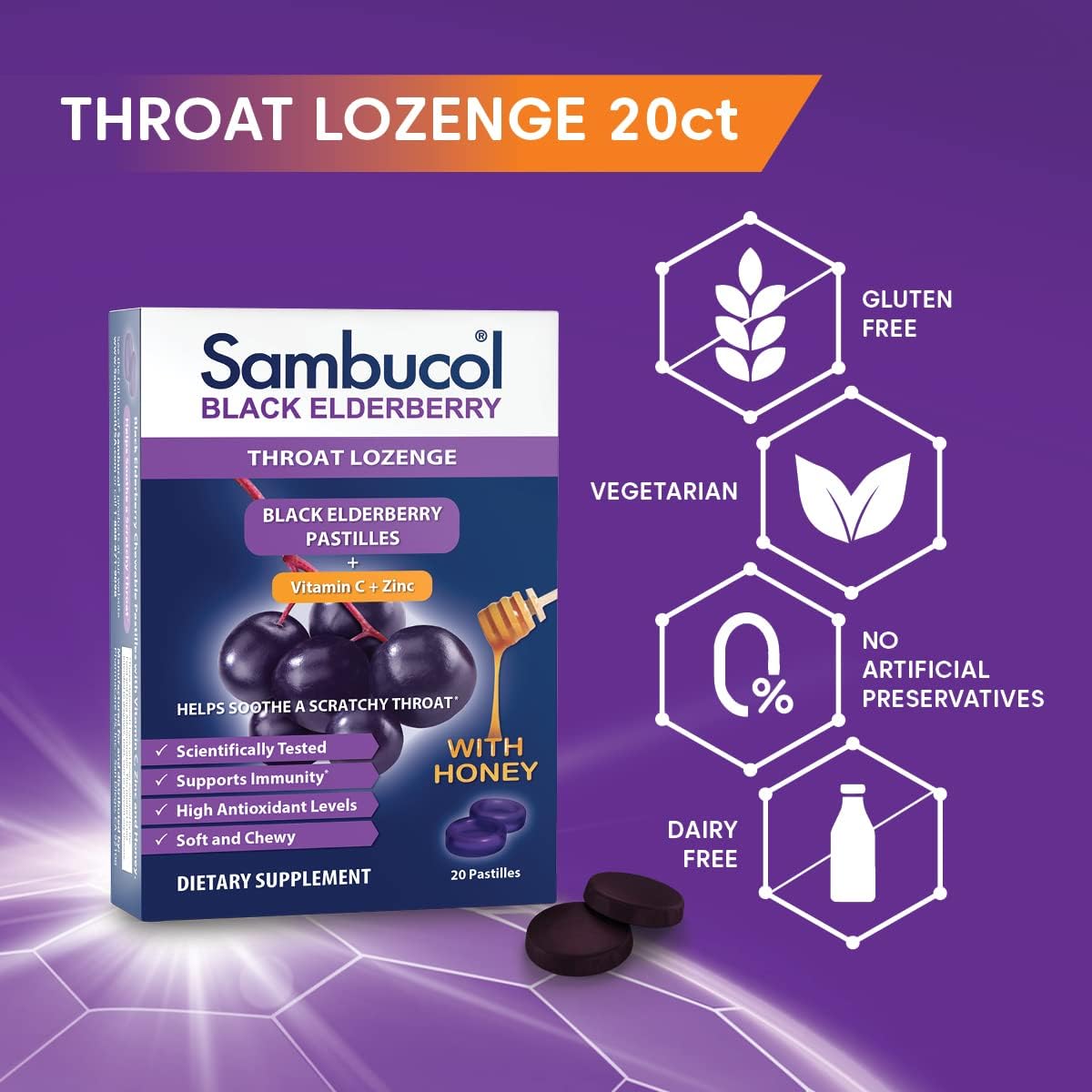 Sambucol Black Elderberry Throat Lozenge - Sore Throat Drops with Black Elderberry, Honey, Vitamin C & Zinc, Sore Throat Relief for Adults & Kids, Soothes Cough, Soft & Chewy - 20 Count, Pack of 2 - Image 3