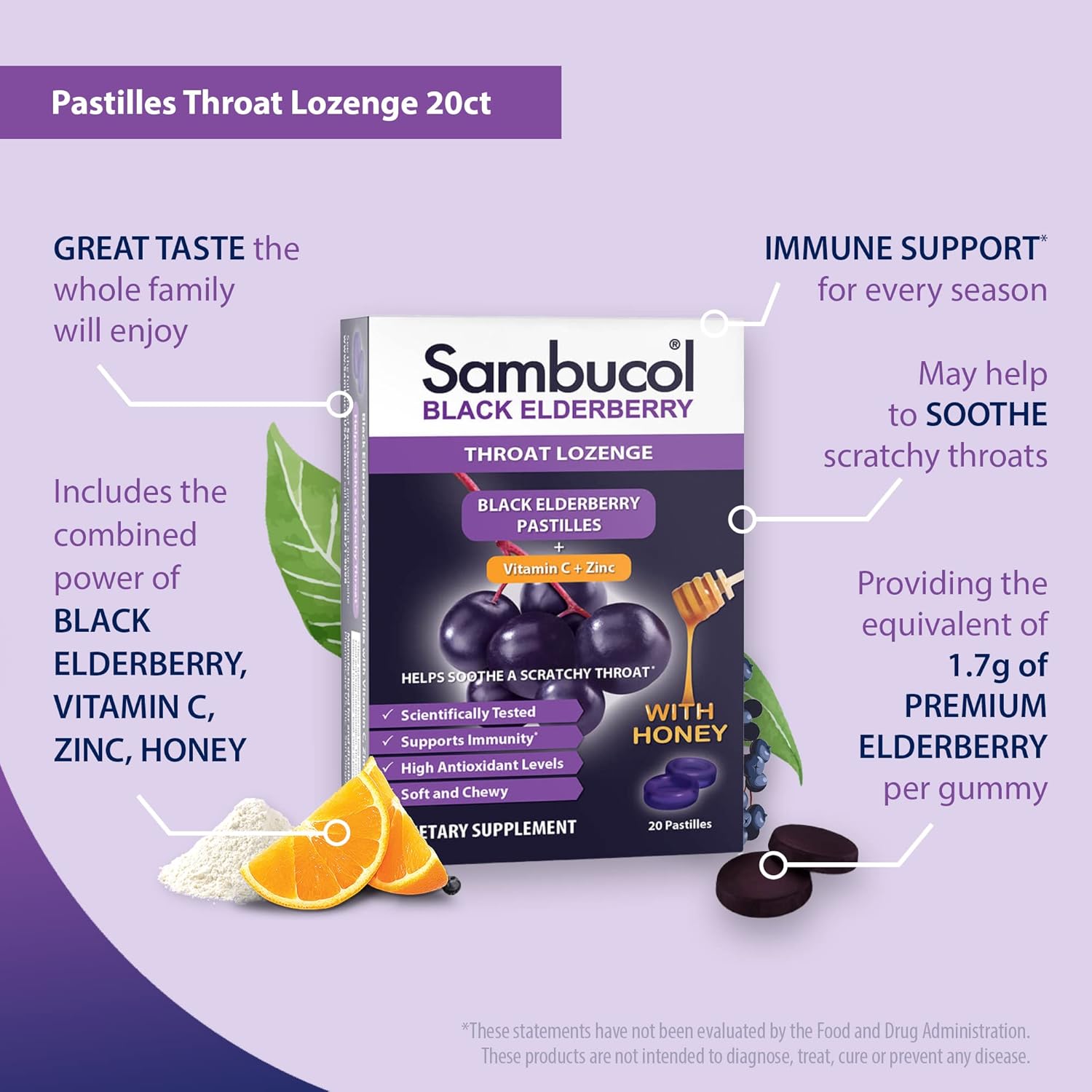 Sambucol Black Elderberry Throat Lozenge - Sore Throat Drops with Black Elderberry, Honey, Vitamin C & Zinc, Sore Throat Relief for Adults & Kids, Soothes Cough, Soft & Chewy - 20 Count, Pack of 2 - Image 4