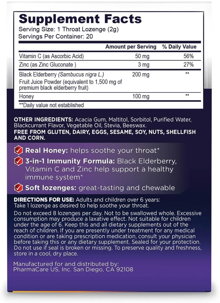 Sambucol Black Elderberry Throat Lozenge - Sore Throat Drops with Black Elderberry, Honey, Vitamin C & Zinc, Sore Throat Relief for Adults & Kids, Soothes Cough, Soft & Chewy - 20 Count, Pack of 2 - Image 7