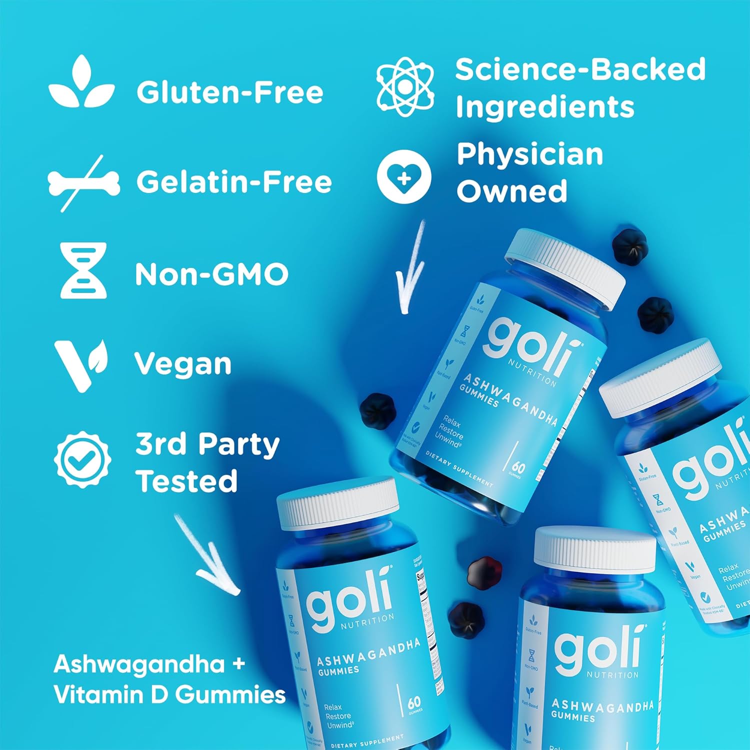 Goli Ashwagandha & Vitamin D Gummy - 180 Count - Mixed Berry, KSM-66, Vegan, Plant Based, Non-GMO, Gluten-Free & Gelatin Free Relax. Restore. Unwind, Pack of 3 - Image 9