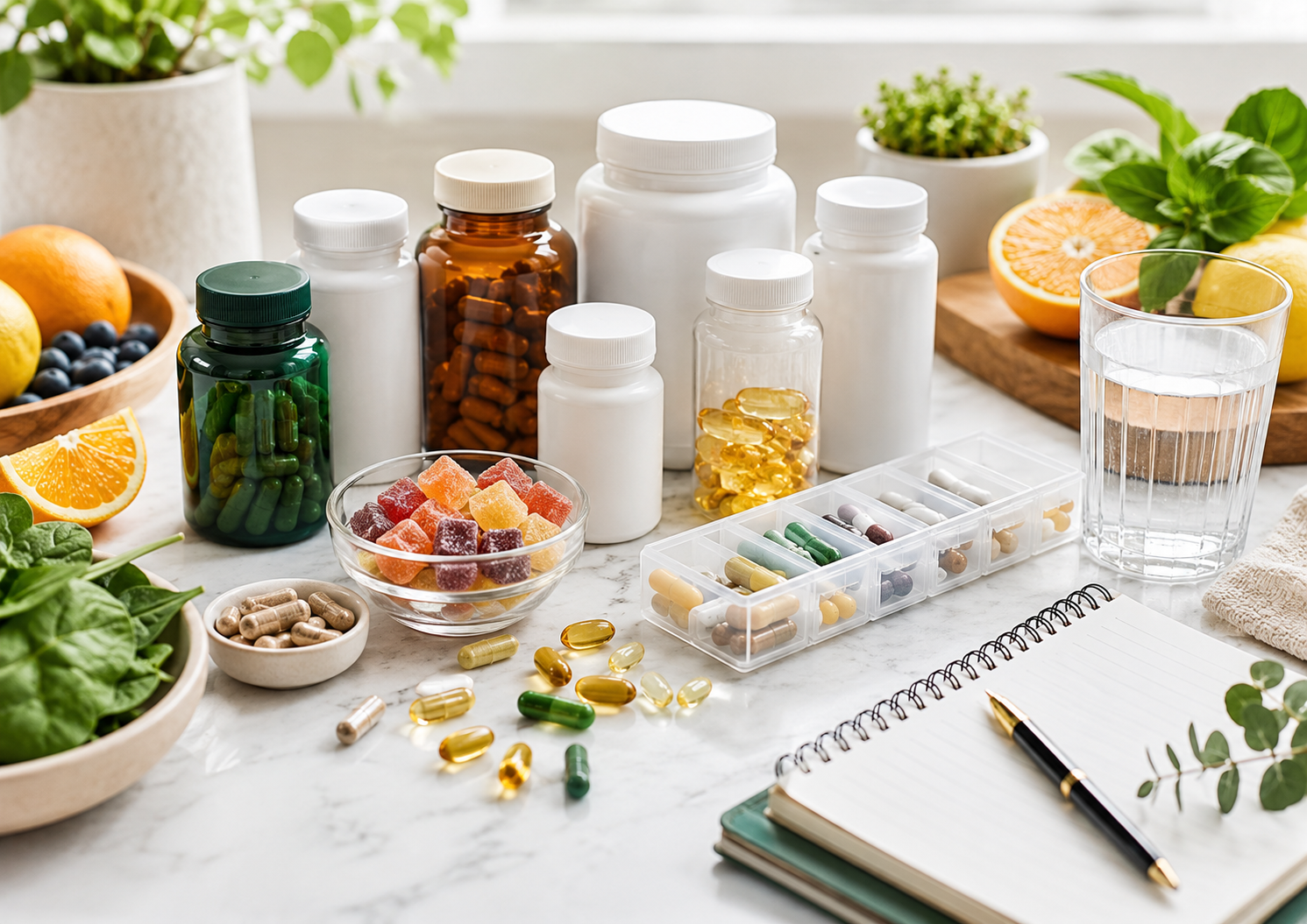 Vitamins, gummies, supplement bottles, wellness products, and healthy lifestyle essentials