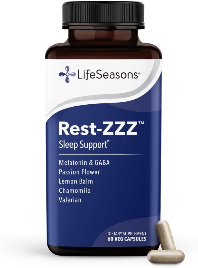 LifeSeasons Rest-ZZZ - Natural Sleep Support Supplement - Fall Asleep & Stay Asleep - Calms Nervous System - Ease Muscle Tension & Restlessness - Low Dose Melatonin GABA & Chamomile - 60 Capsules