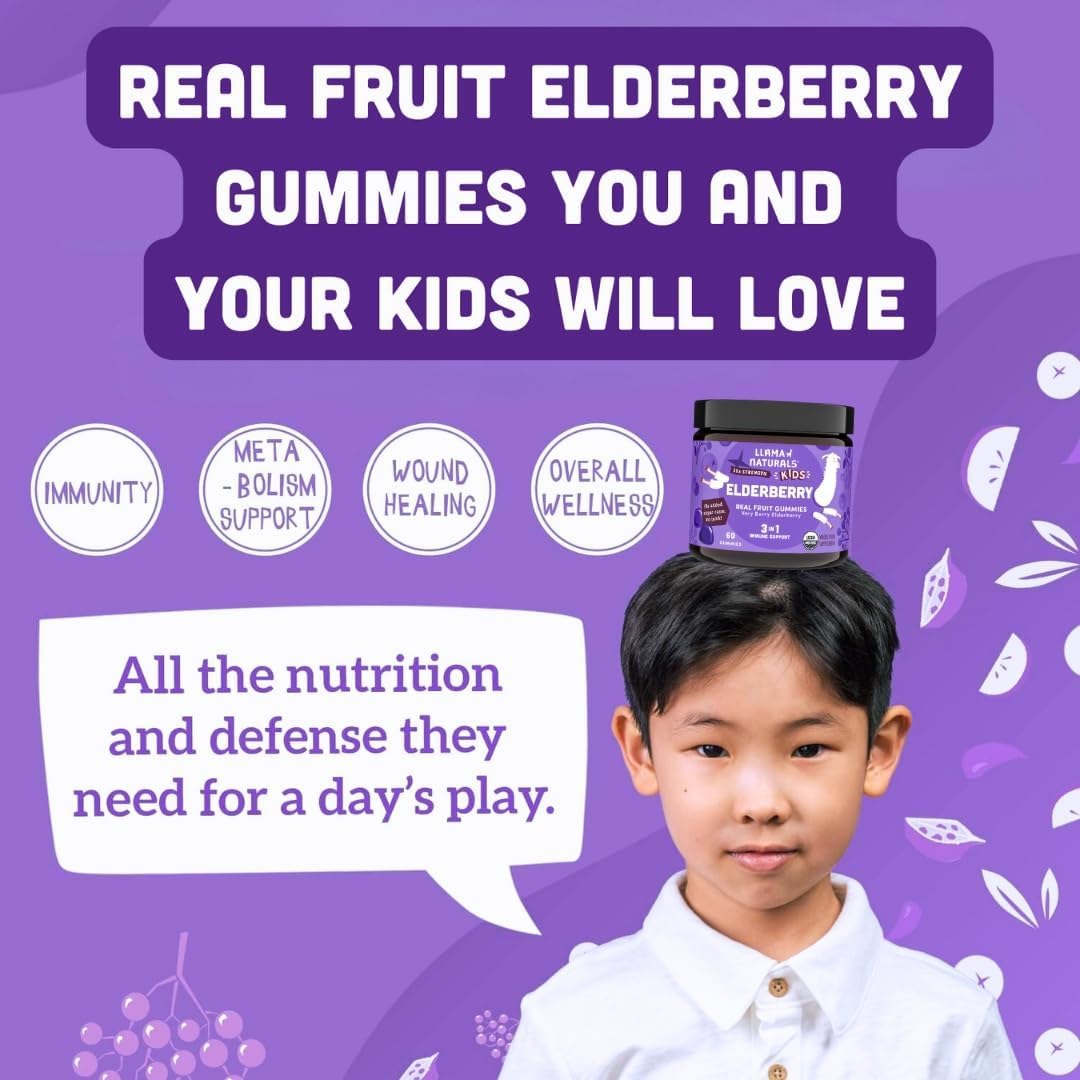 Llama Naturals Elderberry Gummies for Kids, Vegan, Organic Immune Support Supplement with Vitamin C and Zinc, Toddler Real Fruit Gummy Vitamins for Immunity, Chewable, No Added Sugar Cane, 60 Ct - Image 4