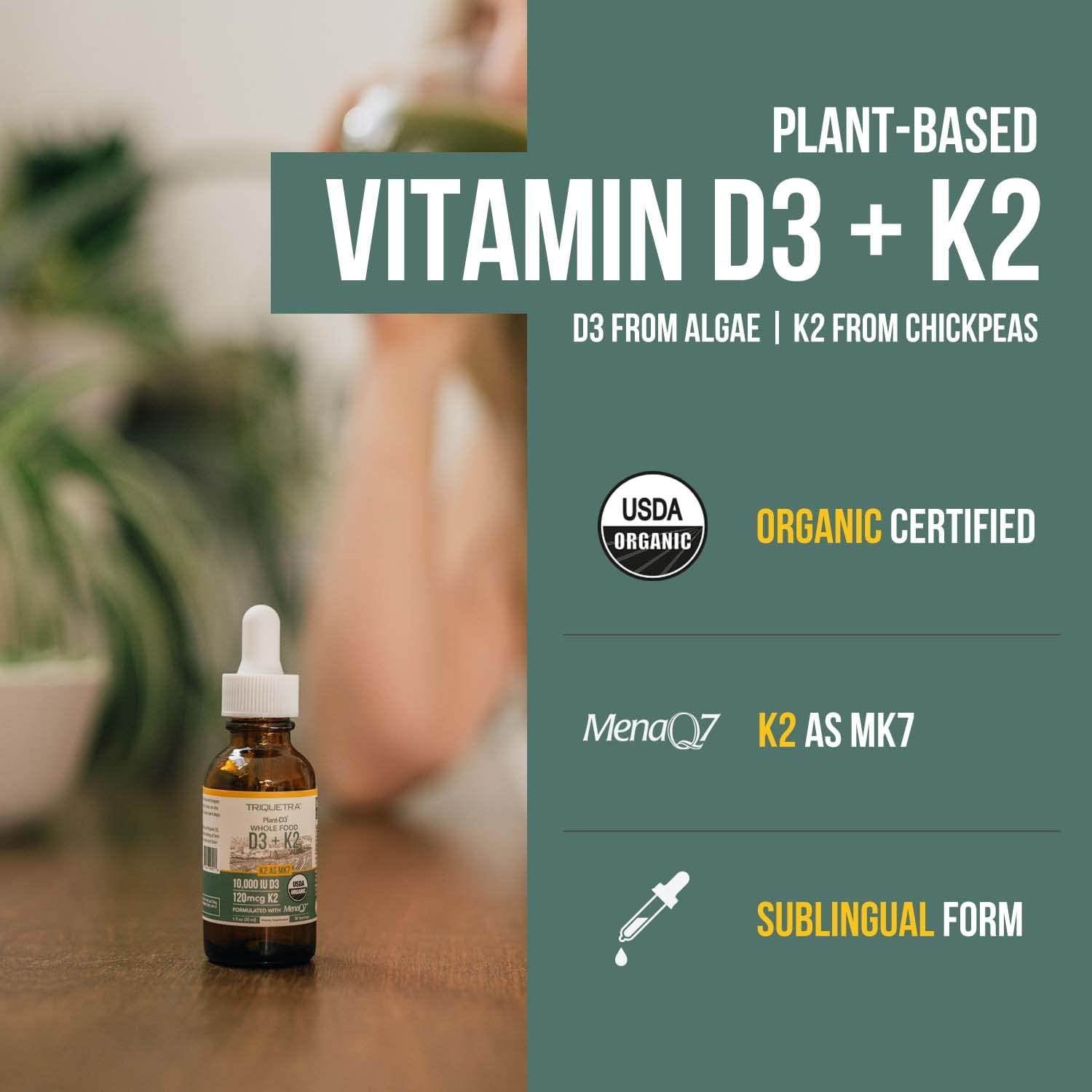 Organic Plant D3 + K2 (5000 iu D3) - All-Trans MK7 from MenaQ7 (120 mcg K2) - 100% Organic & Plant-Based Sublingual D3 Drops (Cholecalciferol), 100% Vegan - Supports Immunity, Bone(1oz) - Image 2