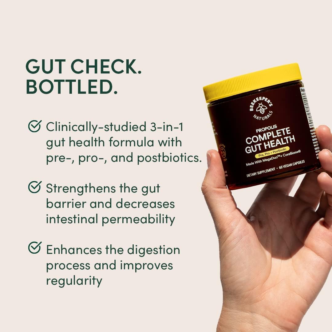 Complete Gut Health by Beekeeper's Naturals, 3-in-1 Prebiotic, Postbiotic, Probiotics for Digestive Health & Bloating Relief for Women & Men, Propolis Powered, Gluten-Free Vegan Capsules, 60ct - Image 4