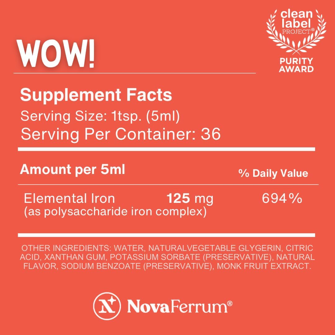 NovaFerrum Wow, 125 High Potency Liquid Iron Supplement for Adults, Iron Deficiency, 125mg of Iron Per 5mL Dose, Vegan Verified, Gluten Free Certified, Sugar Free - Image 3