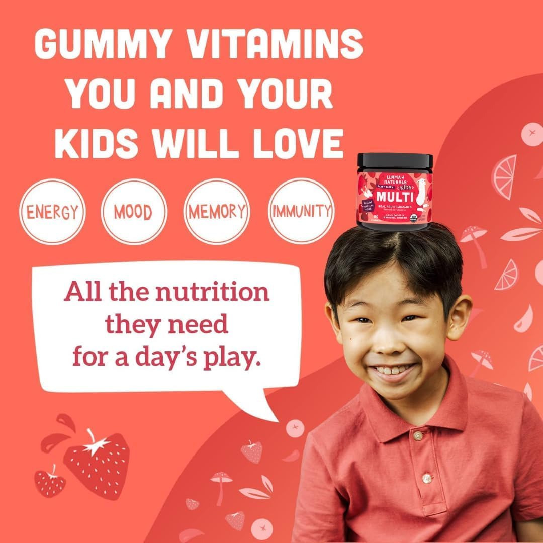 Llama Naturals Kids Multivitamin Gummies | Real Fruit, No Added Sugar Cane | Organic Vegan Toddler Whole Food Vitamins | Vitamin D, C & Beta Carotene Gummy Supplement | Strawberry 90 Ct (1-2 Months) - Image 3