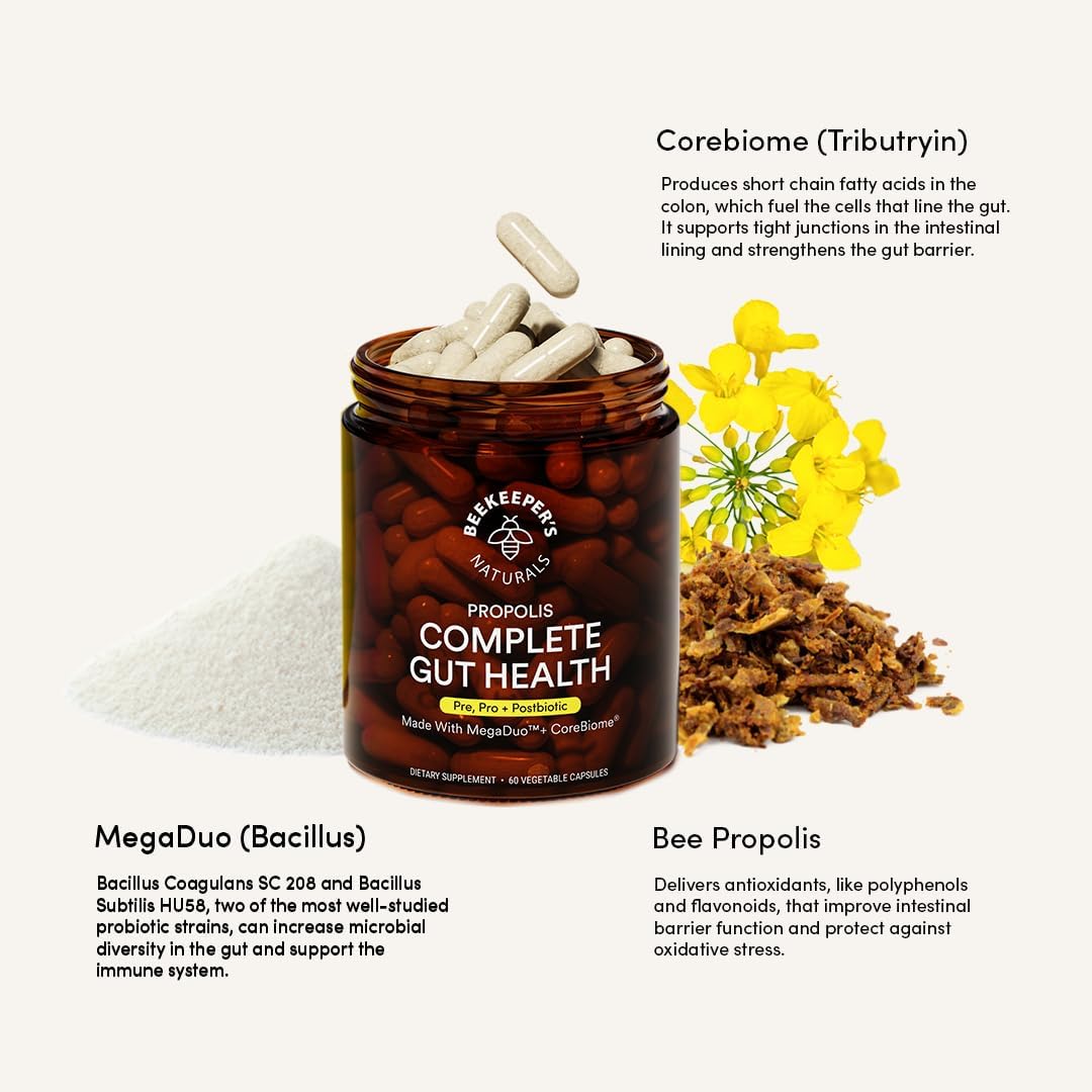 Complete Gut Health by Beekeeper's Naturals, 3-in-1 Prebiotic, Postbiotic, Probiotics for Digestive Health & Bloating Relief for Women & Men, Propolis Powered, Gluten-Free Vegan Capsules, 60ct - Image 6