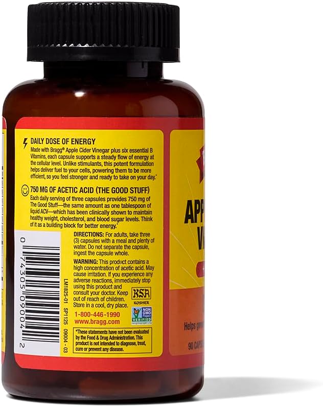 Bragg Energy Apple Cider Vinegar Capsules with B-12 Vitamins - 90 Capsules - Weight Management - Non-GMO, Vegan, Gluten Free, No Sugar - Helps Generate Energy at Cellular Level for Men and Women - Image 9
