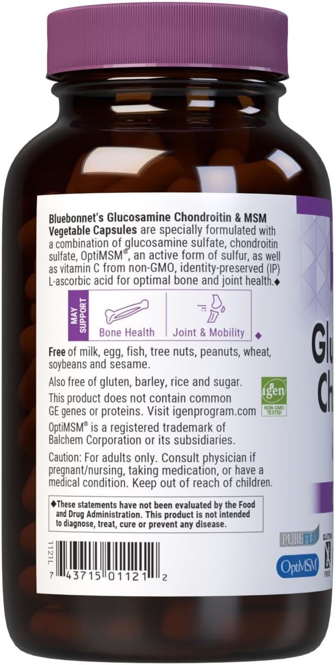 Bluebonnet Nutrition Glucosamine Chondroitin Plus MSM, Glucosamine, Chondroitin Sulfate, Vitamin C & OptiMSM, Bone & Joint Health, Non GMO, Gluten Free, Soy Free, Milk Free, 180 Vegetable Capsules - Image 3