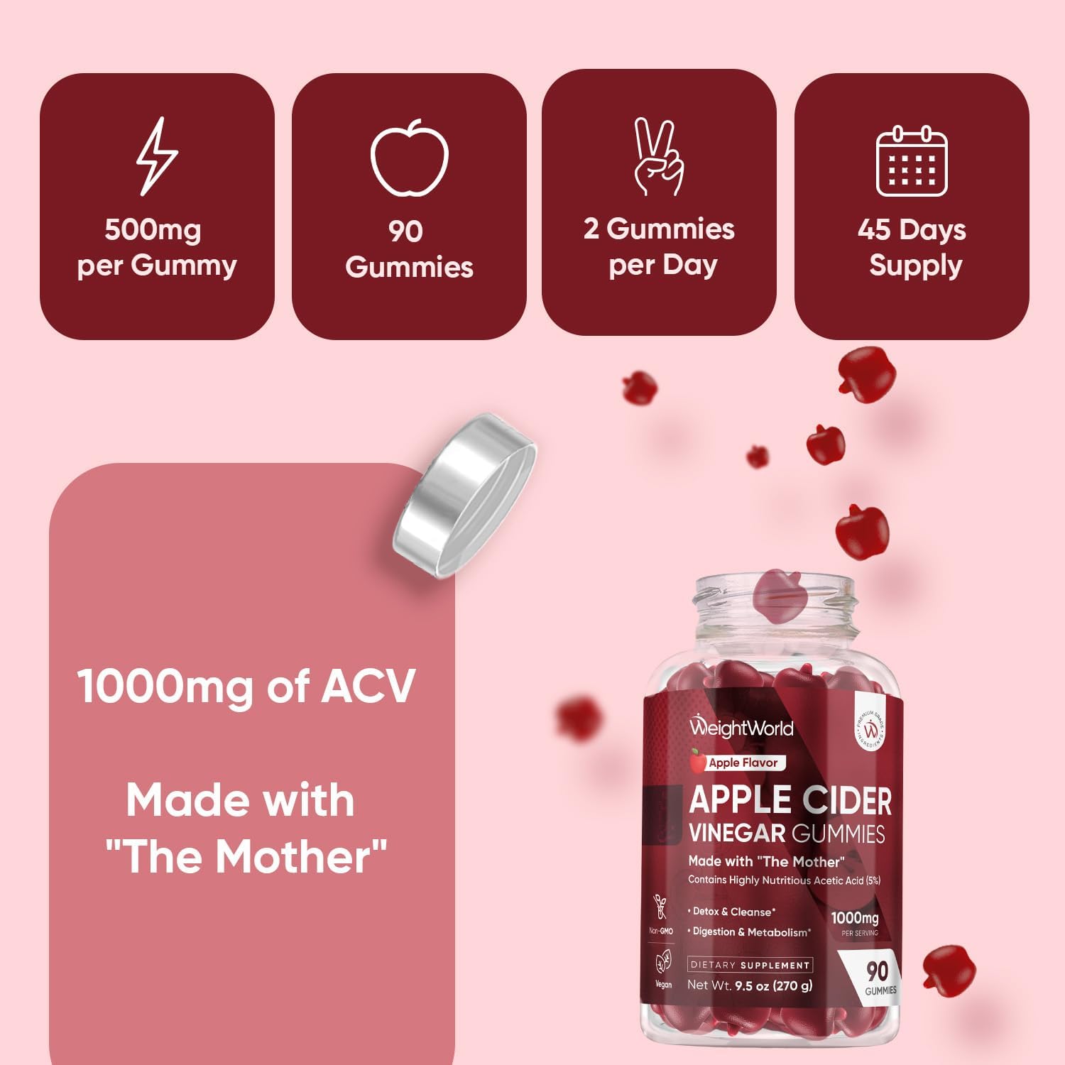 WeightWorld Apple Cider Vinegar Gummies 1000mg with The Mother + VIT C, B12-9-6, Beetroot | ACV Gummies - Digestion, Metabolism, Detox & Cleanse | Vegan Apple Cider Vinegar with Mother, 90 Count - Image 8