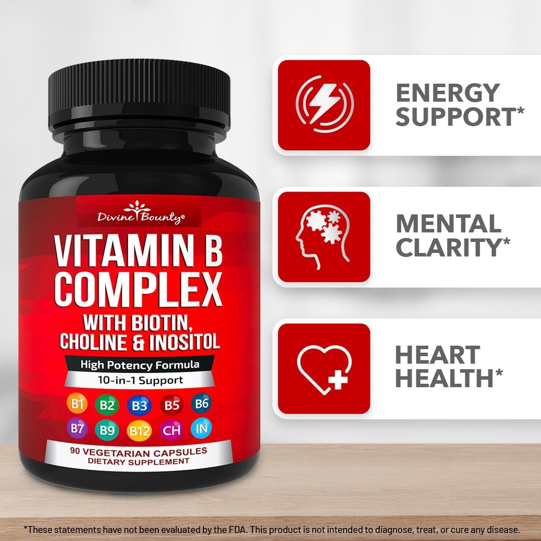 Divine Bounty Super B Complex Vitamins - All B Vitamins Including B12, B1, B2, B3, B5, B6, B7, B9, Folic Acid - Vitamin B Supplement - Support Healthy Energy Metabolism - 90 Vegetarian Capsules - Image 6