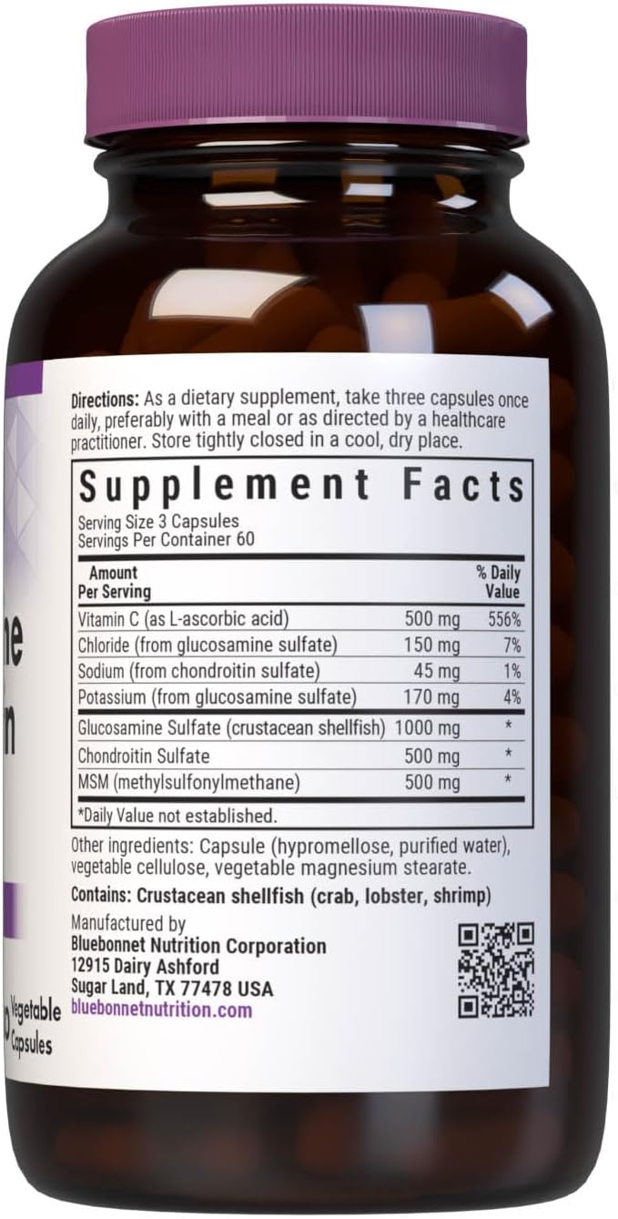 Bluebonnet Nutrition Glucosamine Chondroitin Plus MSM, Glucosamine, Chondroitin Sulfate, Vitamin C & OptiMSM, Bone & Joint Health, Non GMO, Gluten Free, Soy Free, Milk Free, 180 Vegetable Capsules - Image 2