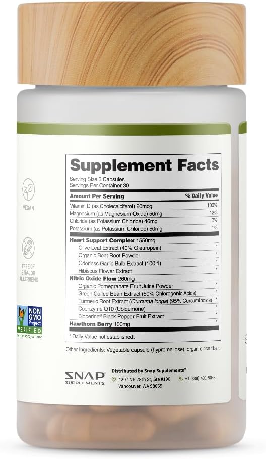 Snap Supplements Heart Health Support Supplement - Botanical Support for Heart Health, Healthy Circulation, and Nitric Oxide Levels, 30-Day Supply, 90 Capsules (Packaging May Vary) - Image 10