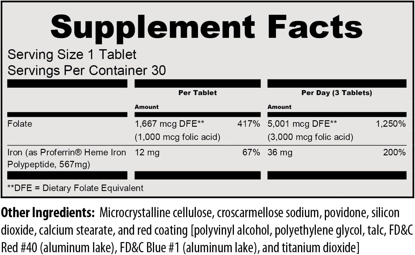 Proferrin Forte-12mg of high Absorbing Heme Iron Polypeptide. Easy on the Gut. 30 Tablets. 1mg of Folic Acid to aid in red Blood Cell Production. Not affected by Coffee, Calcium, or PPI's. - Image 2