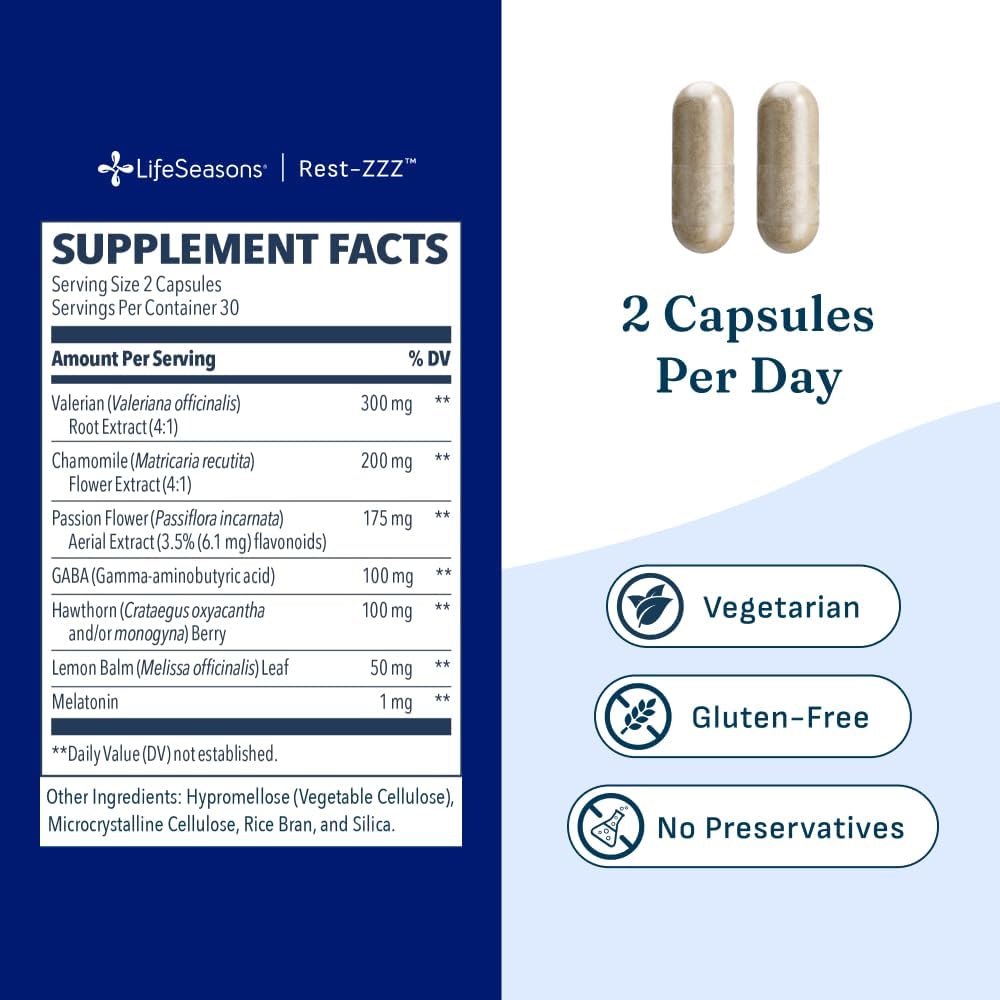 LifeSeasons Rest-ZZZ - Natural Sleep Support Supplement - Fall Asleep & Stay Asleep - Calms Nervous System - Ease Muscle Tension & Restlessness - Low Dose Melatonin GABA & Chamomile - 60 Capsules - Image 5
