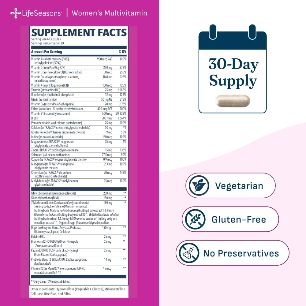 LifeSeasons Women's Multivitamin – High Potency with 21 Vitamins & Minerals, PureWay-C®, NAD+, Active B-Vitamins, TRAACS® Chelates, enXtra® for Energy, Probiotics & Mushrooms – 120 Veg Capsules - Image 5