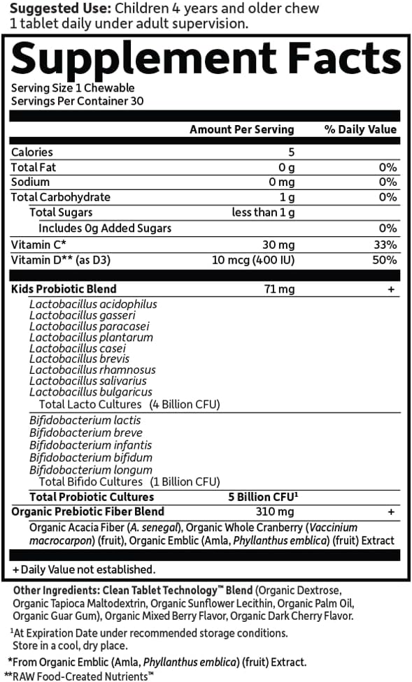 Garden of Life Dr. Formulated Probiotics Organic Kids+ plus Vitamin C & D - Berry Cherry - Gluten, Dairy & Soy Free Immune & Digestive Health Supplement, No Added Sugar, 30 Chewables (Shelf Stable) - Image 6