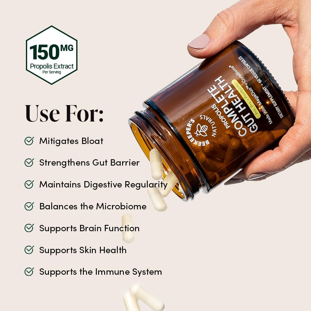 Complete Gut Health by Beekeeper's Naturals, 3-in-1 Prebiotic, Postbiotic, Probiotics for Digestive Health & Bloating Relief for Women & Men, Propolis Powered, Gluten-Free Vegan Capsules, 60ct - Image 5