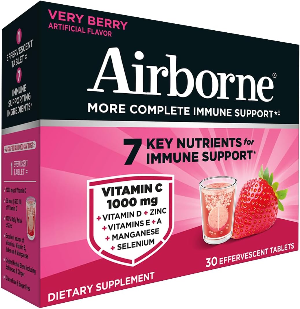 Airborne Immune Support Effervescent Tablets, Very Berry Flavor - 30ct with 1000mg Vitamin C + Vitamins A, D, E, Zinc, Selenium, Manganese & Herbal Blend - Sugar‑Free, Gluten‑Free - Image 14