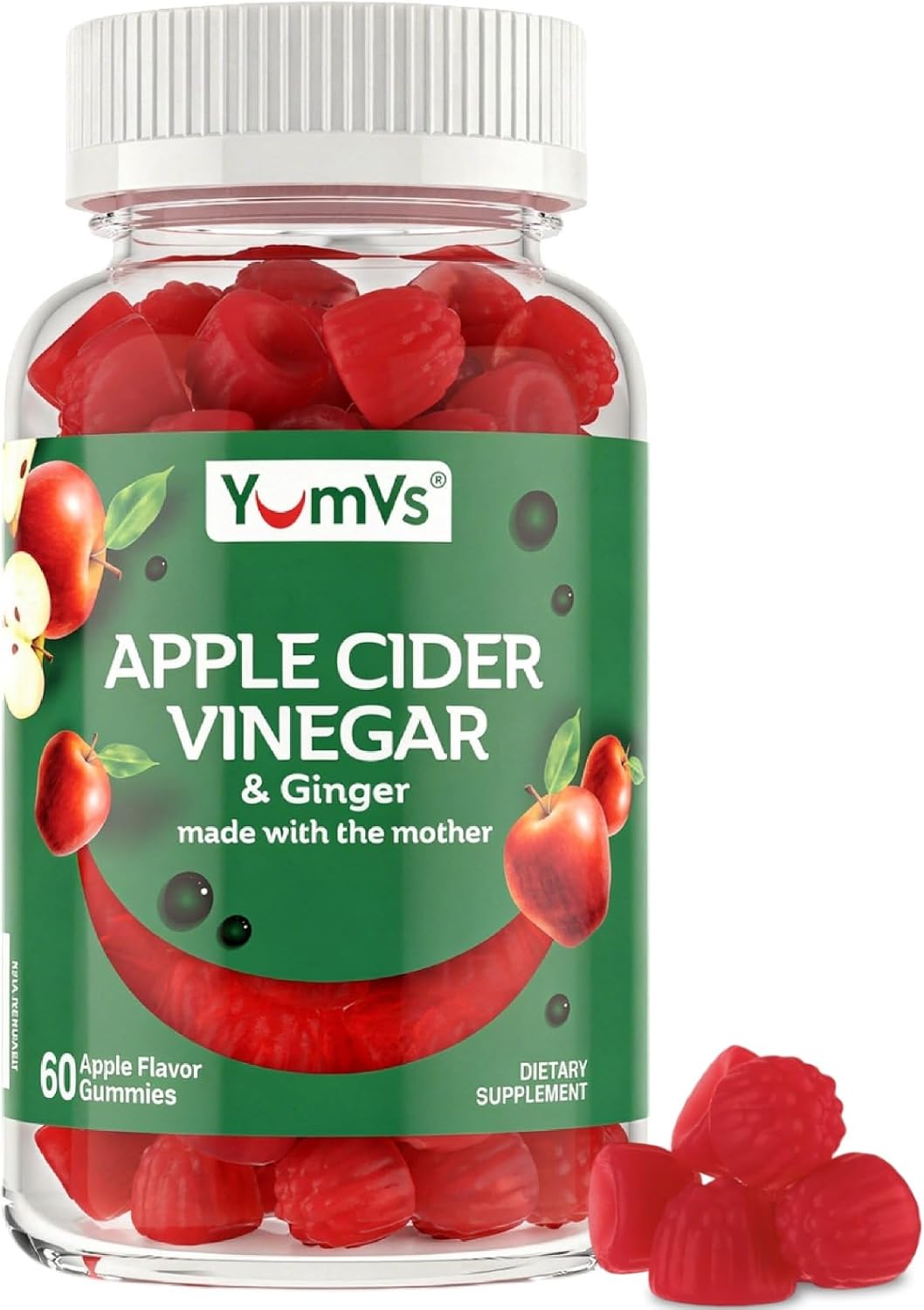 YUM-V'S Apple Cider Vinegar Gummies – ACV Gummies with Ginger & The Mother – Supports Metabolism, Vitality & Daily Wellness – Natural Apple Flavor Vegan, Non-GMO, Gluten-Free, Cider Gummy – 60 Count