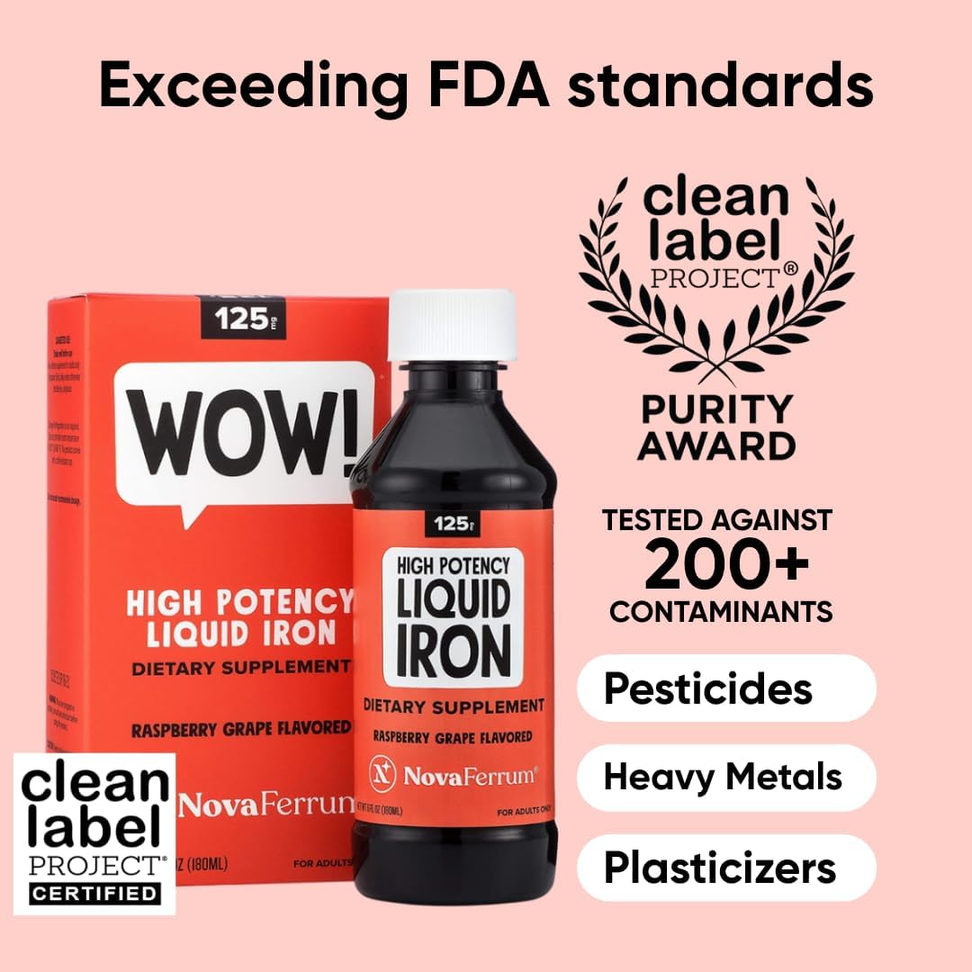 NovaFerrum Wow, 125 High Potency Liquid Iron Supplement for Adults, Iron Deficiency, 125mg of Iron Per 5mL Dose, Vegan Verified, Gluten Free Certified, Sugar Free - Image 2