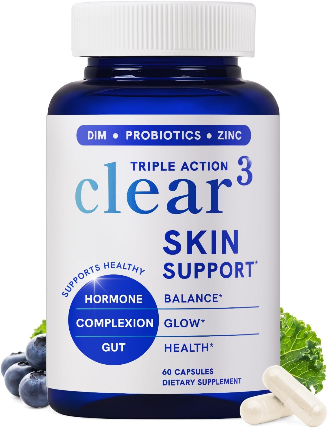 Clear Skin Supplement with Zinc, DIM & Probiotics | 3-in-1 Hormone, Gut & Complexion Support | Triple Action Hyaluronic Acid, Niaciminide & Vitamins for Skin Balance, Glow & Health Support | 60 Ct