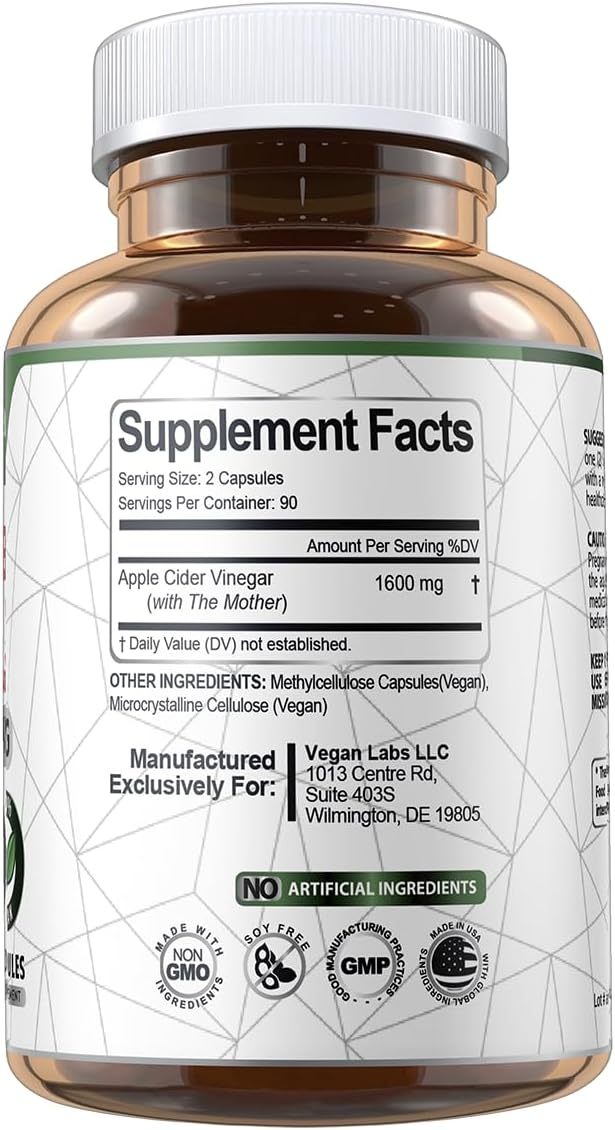 Vegan Labs Apple Cider Vinegar Capsules with The Mother- 180 Vegan Capsules, 1600MG Per Serving- 100% Natural ACV Pills- Supports Healthy Digestion, Keto, Weight Management, Detox, and Immune System - Image 3