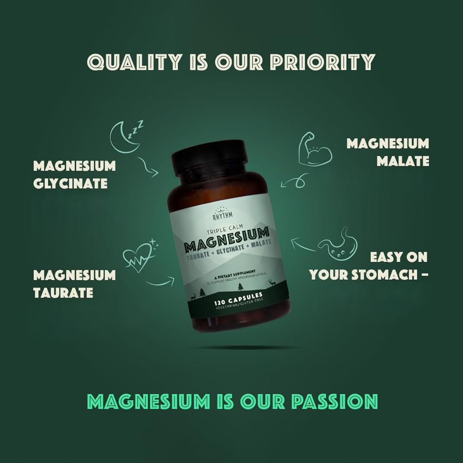 Natural Rhythm Triple Calm Magnesium Complex - 120 Capsules, Chelated Magnesium Glycinate, Taurate & Malate, High Absorption Supplement for Sleep, Stress, Muscle & Heart Support, Non-GMO, Vegan - Image 5