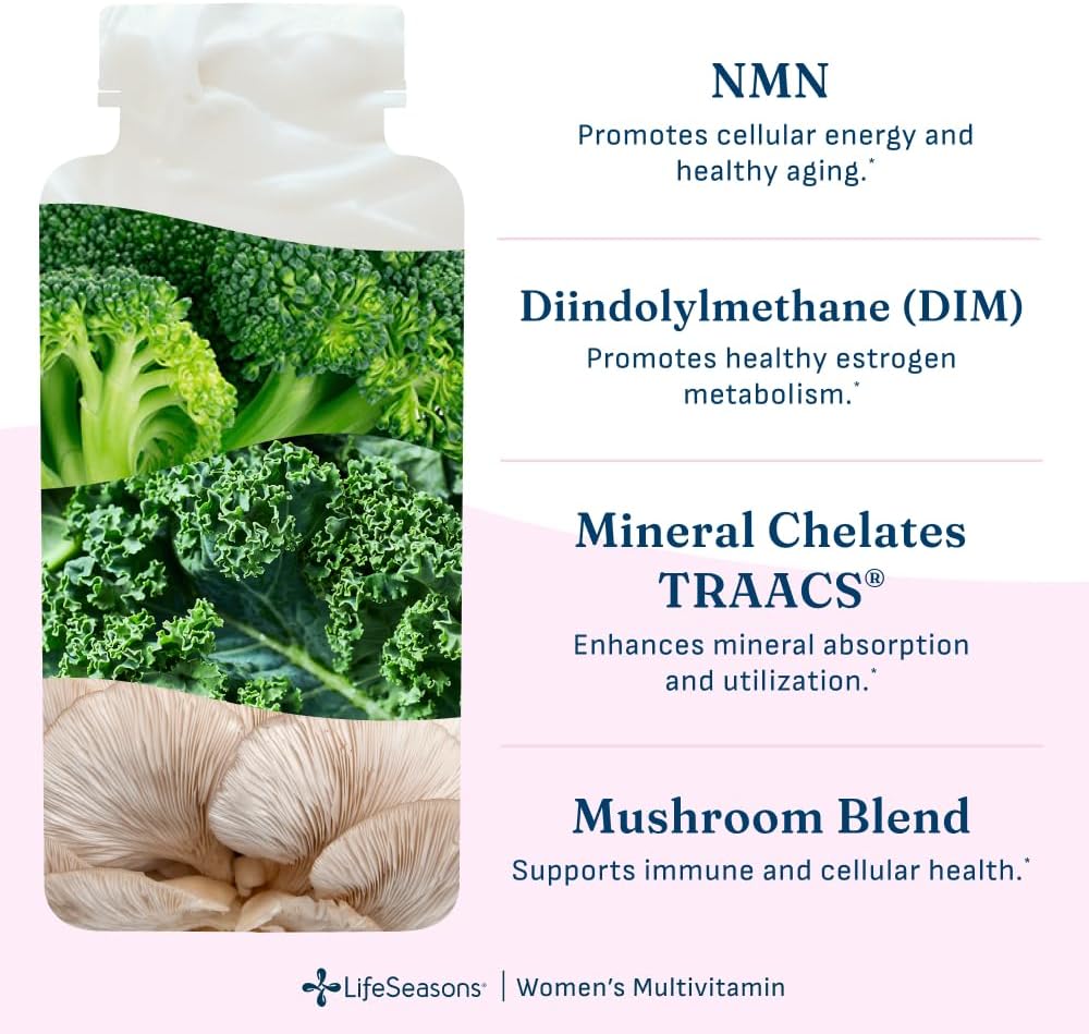LifeSeasons Women's Multivitamin – High Potency with 21 Vitamins & Minerals, PureWay-C®, NAD+, Active B-Vitamins, TRAACS® Chelates, enXtra® for Energy, Probiotics & Mushrooms – 120 Veg Capsules - Image 4