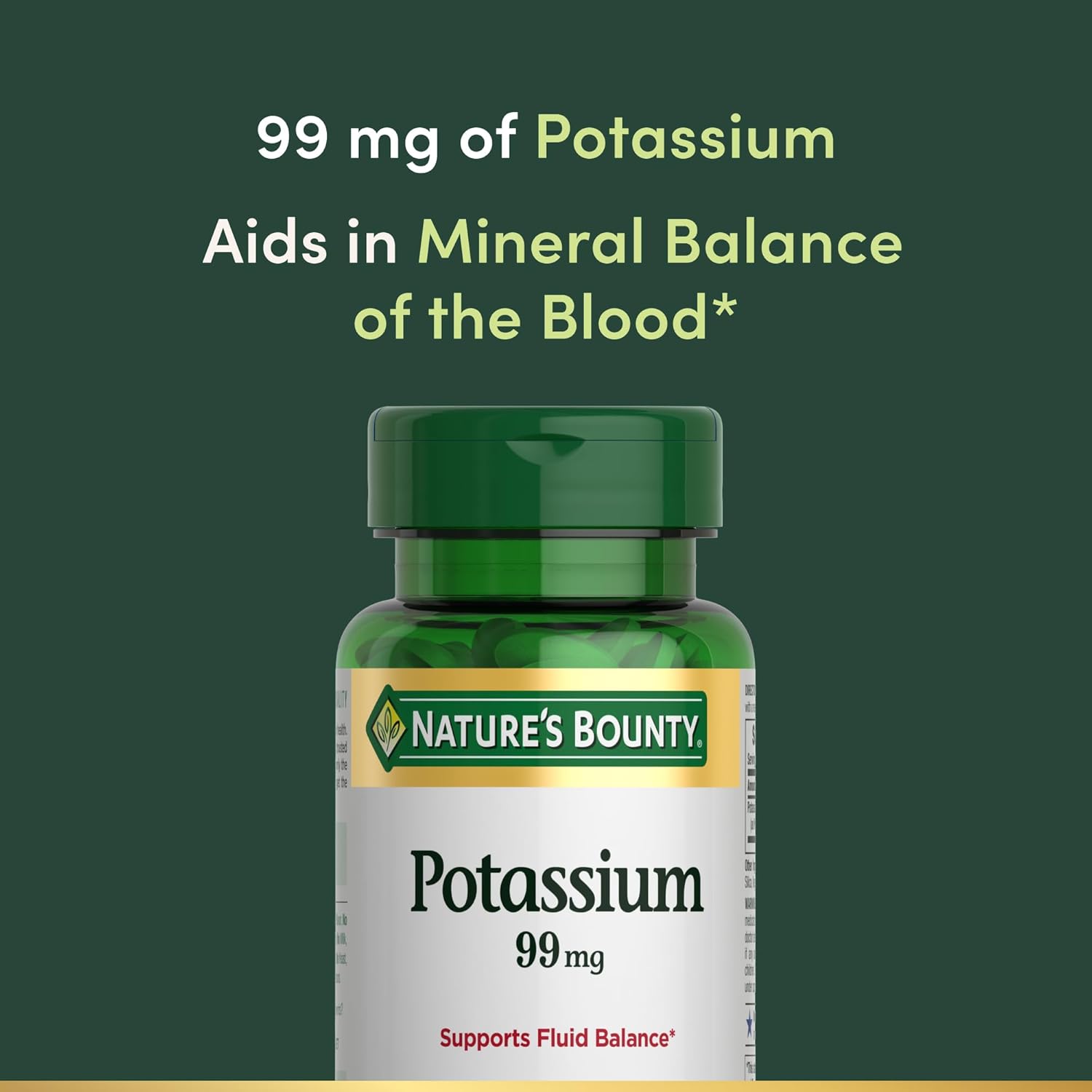 Nature's Bounty Potassium 99mg, Supports Fluid Balance and Muscle Activity, Involved in Normal Heart Function, Potassium Gluconate Dietary Supplement, Gluten Free, 1 Per Day, 100 Vegetarian Caplets - Image 3