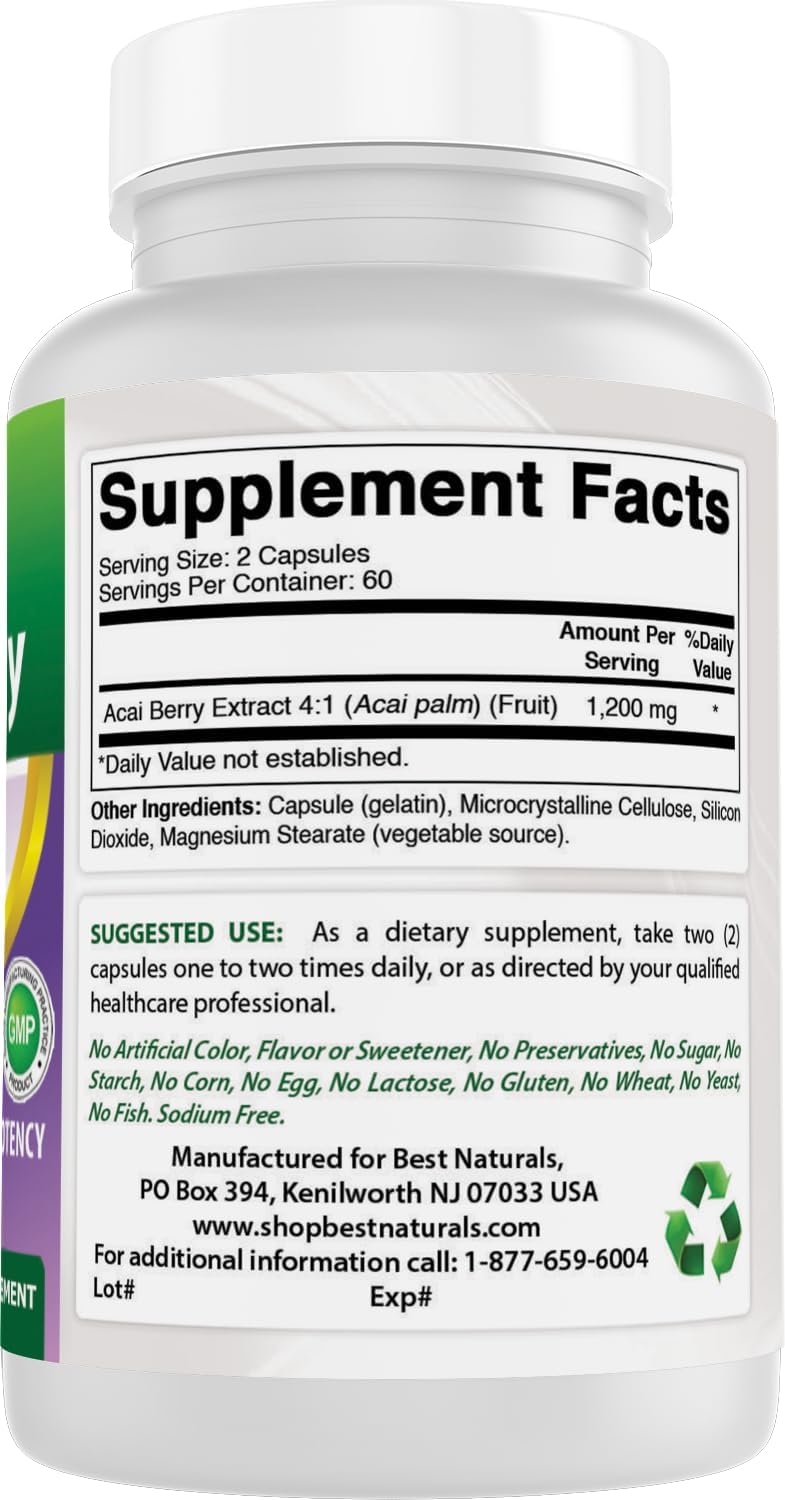 #1 Acai Berry 600mg per Serving by Best Naturals -- 100% Pure High Potency -- Supports Fat Metabolism -- Manufactured in a USA Based GMP Certified Facility and Third Party Tested for Purity. Guaranteed!! (120 Caps) - Image 6