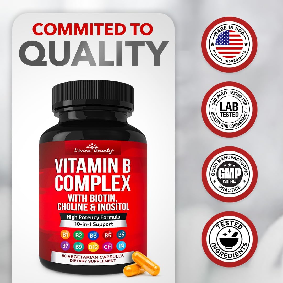 Divine Bounty Super B Complex Vitamins - All B Vitamins Including B12, B1, B2, B3, B5, B6, B7, B9, Folic Acid - Vitamin B Supplement - Support Healthy Energy Metabolism - 90 Vegetarian Capsules - Image 7