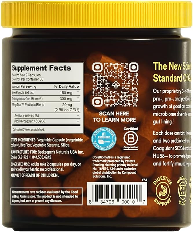 Complete Gut Health by Beekeeper's Naturals, 3-in-1 Prebiotic, Postbiotic, Probiotics for Digestive Health & Bloating Relief for Women & Men, Propolis Powered, Gluten-Free Vegan Capsules, 60ct - Image 2