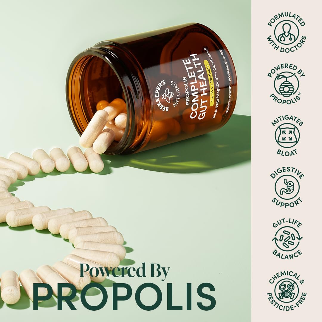 Complete Gut Health by Beekeeper's Naturals, 3-in-1 Prebiotic, Postbiotic, Probiotics for Digestive Health & Bloating Relief for Women & Men, Propolis Powered, Gluten-Free Vegan Capsules, 60ct - Image 3