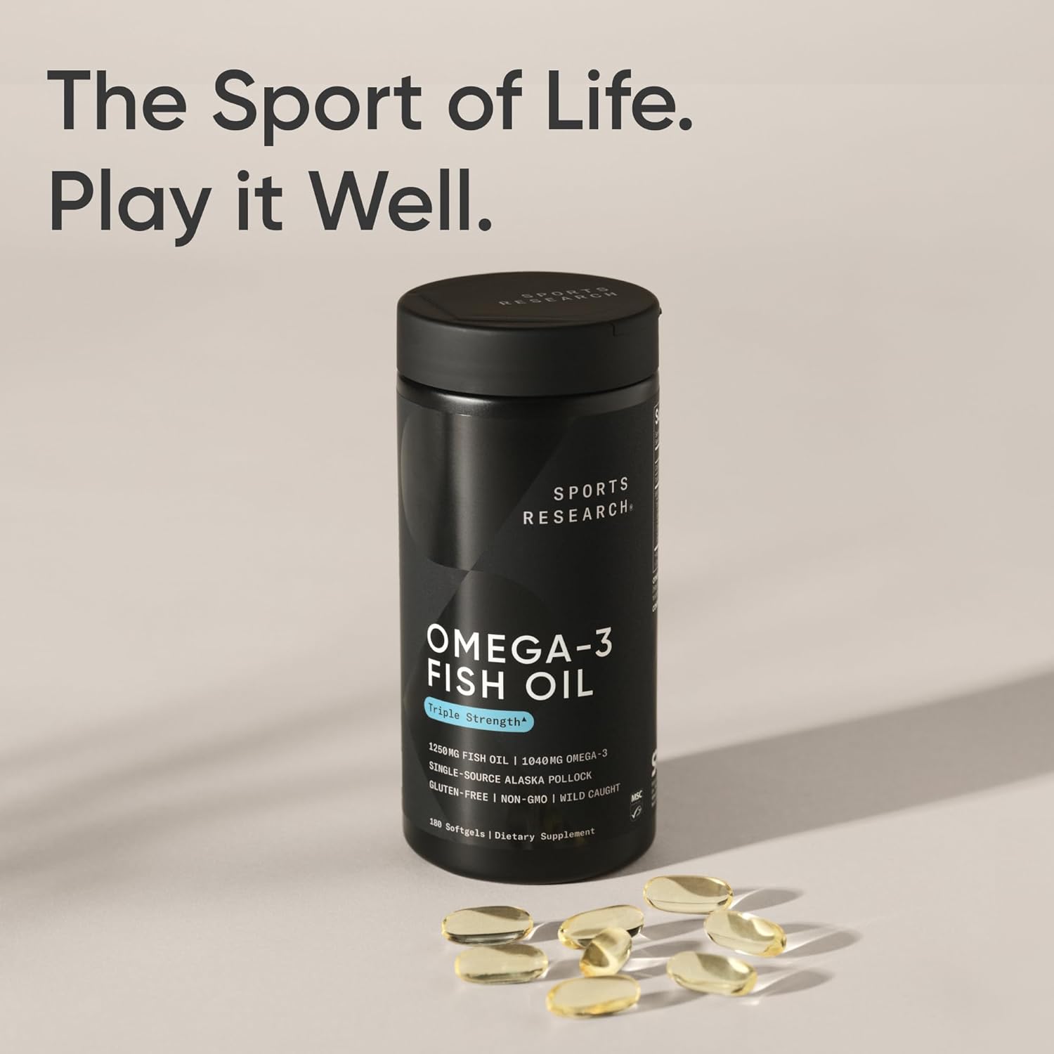 Sports Research® Omega-3 Fish Oil 1250 - Triple Strength Fish Oil Supplement from Wild Alaska Pollock - MSC Certified Sustainable · Non-GMO · Soy Free - 180 Softgel Capsules - Image 7
