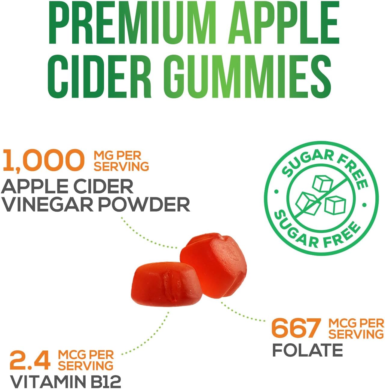 Apple Cider Vinegar Gummies Zero Sugar - Max Strength ACV Gummy Vitamins - Vitamin B12 & The Mother - Metabolism & Energy Support - Vegan Apple Cider Vinegar Gummy Supplement - Non-GMO - 120 Gummies - Image 5