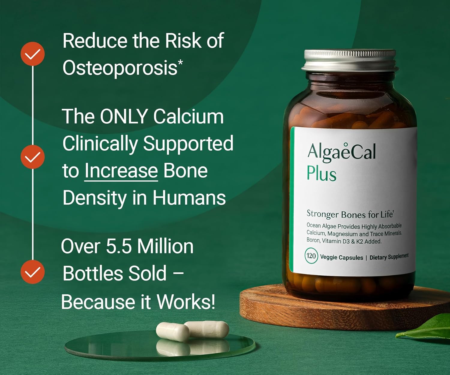 ALGAECAL Organic Red Algae Calcium Supplement for Bone Density, Vitamin K2 MK7 (100mg), Vitamin D3 (1600 IU), Magnesium (350mg) & Trace Minerals & Strength, Easy to Swallow, 120 Veggie Caps - Image 2
