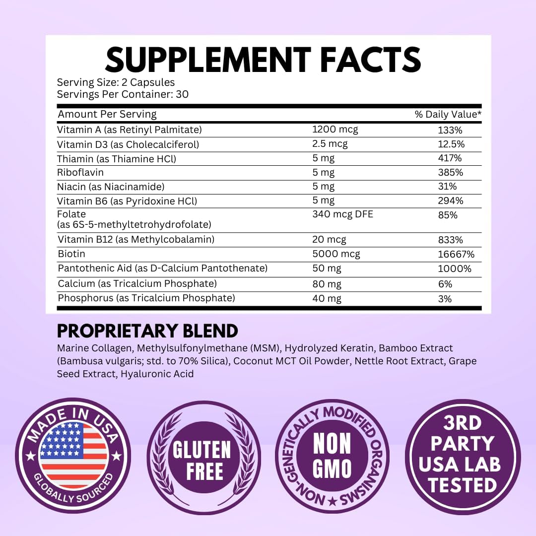 VITBOOST Biotin with Hyaluronic Acid, Collagen and Keratin – 25000 mcg Hair Growth Vitamins for Men and Women – Nails and Skin, USA Made - Third Party Tested, B1, B2, B3, B6, B7 Complex - 60 Capsules - Image 6