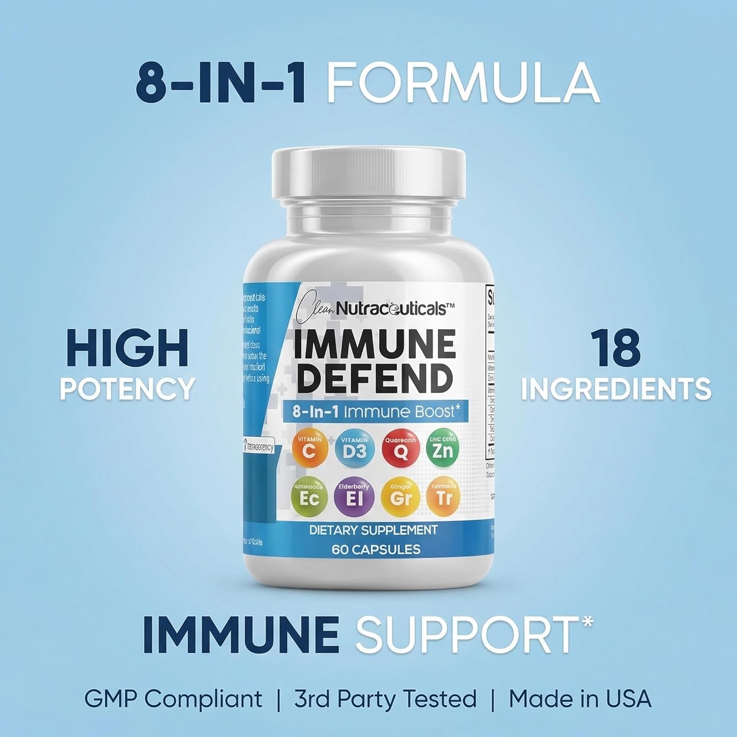 Clean Nutraceuticals Immune Defense Support Supplement 8 in 1 with Zinc 50mg Quercetin, VIT C 1000mg, Vitamin D3 5000 IU, Elderberry, Ginger - Immunity System Booster for Adults, Vegan - 60 Count - Image 8
