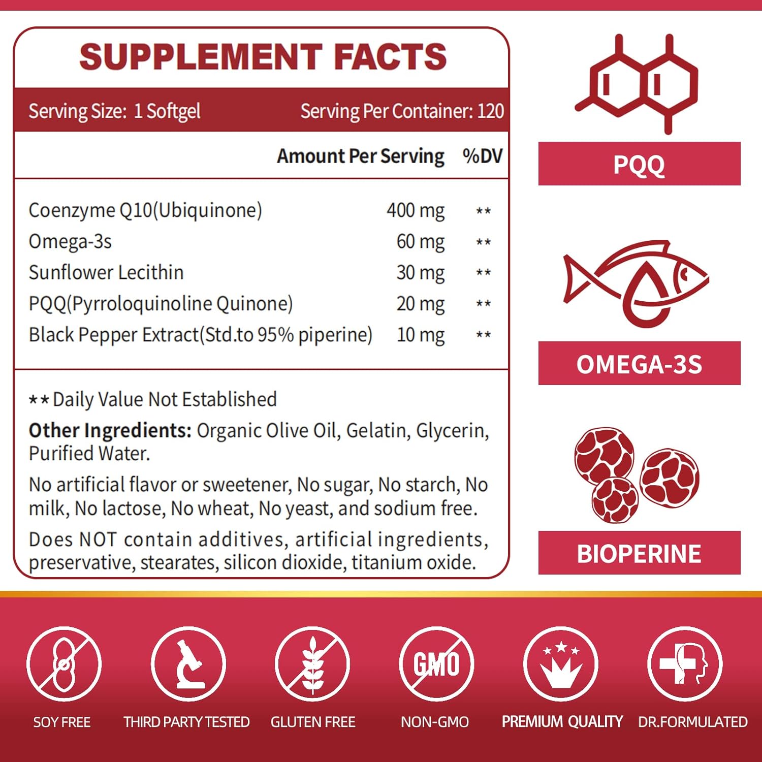 ZEBORA CoQ10-400mg-Softgels with PQQ, BioPerine & Omega-3, Coenzyme Q10(Ubiquinone) Supplement for High-Absorption, Powerful-Antioxidant, Support Heart & Energy-Production, 120 Servings - Image 3