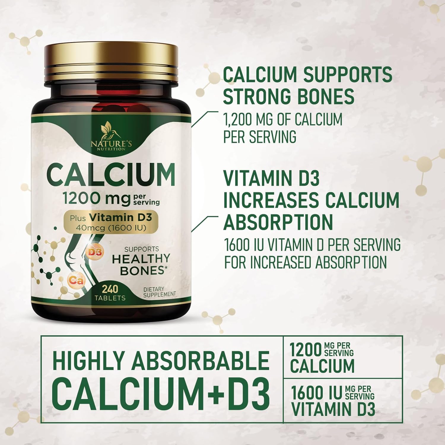 Calcium 1200 mg with Vitamin D3 - Per Serving - Bone Health Supplement - Vitamin D & Calcium Supplements for Women & Men - Bone Strength Support - Natural Calcium Pills - Bottled in USA - 240 Tablets - Image 3