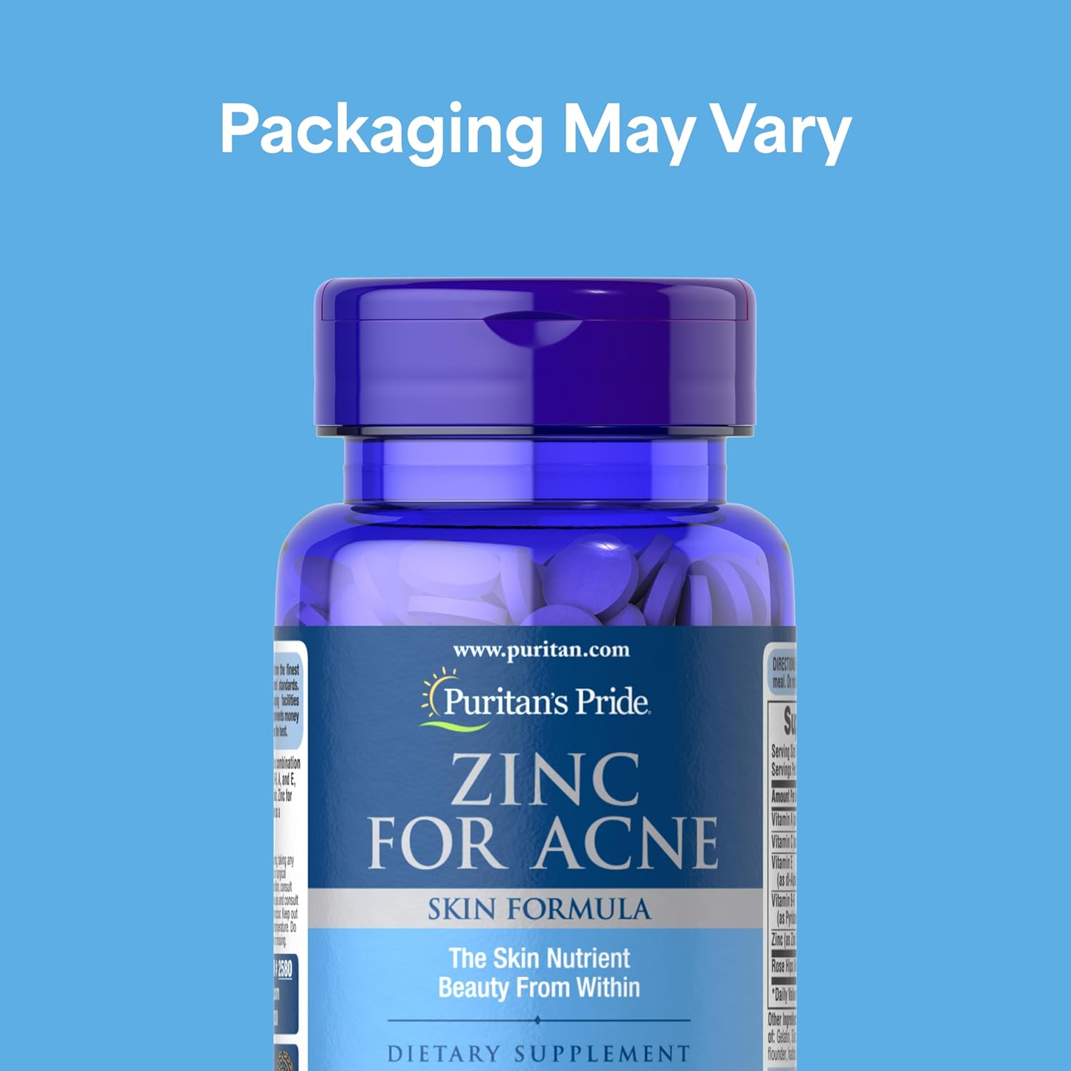 Puritan's Pride Zinc for Acne Skin Formula with Vitamins C, B-6, A, and E for Men and Women, Dietary Supplement for Clear Healthy Skin, Immune System, Cell Division and Growth Support, 100 Tablets - Image 2