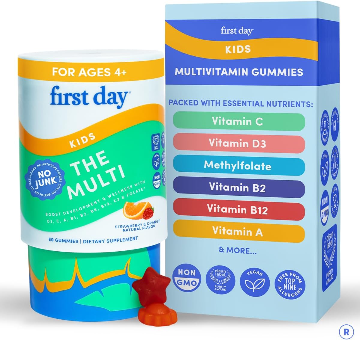 First Day Kids Multivitamin Gummies Age 4+, Strawberry & Orange - Kids Vitamins Multivitamin Gummy A C D3 K2 B1 B2 B6 B12 Folate, Immunity & Brain Function, Vegan - 30 Day Supply, Packaging May Vary